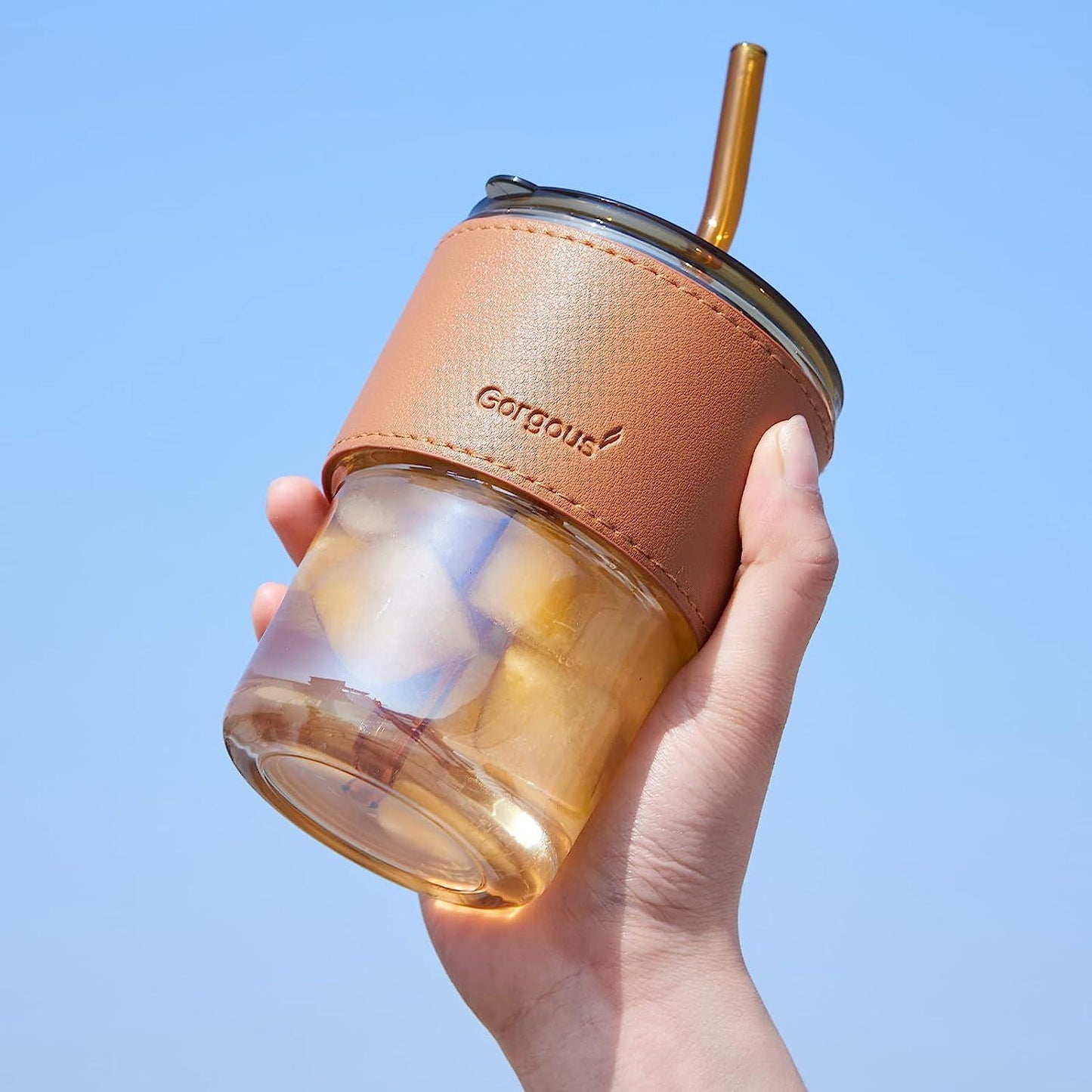 Glass water bottle with straw