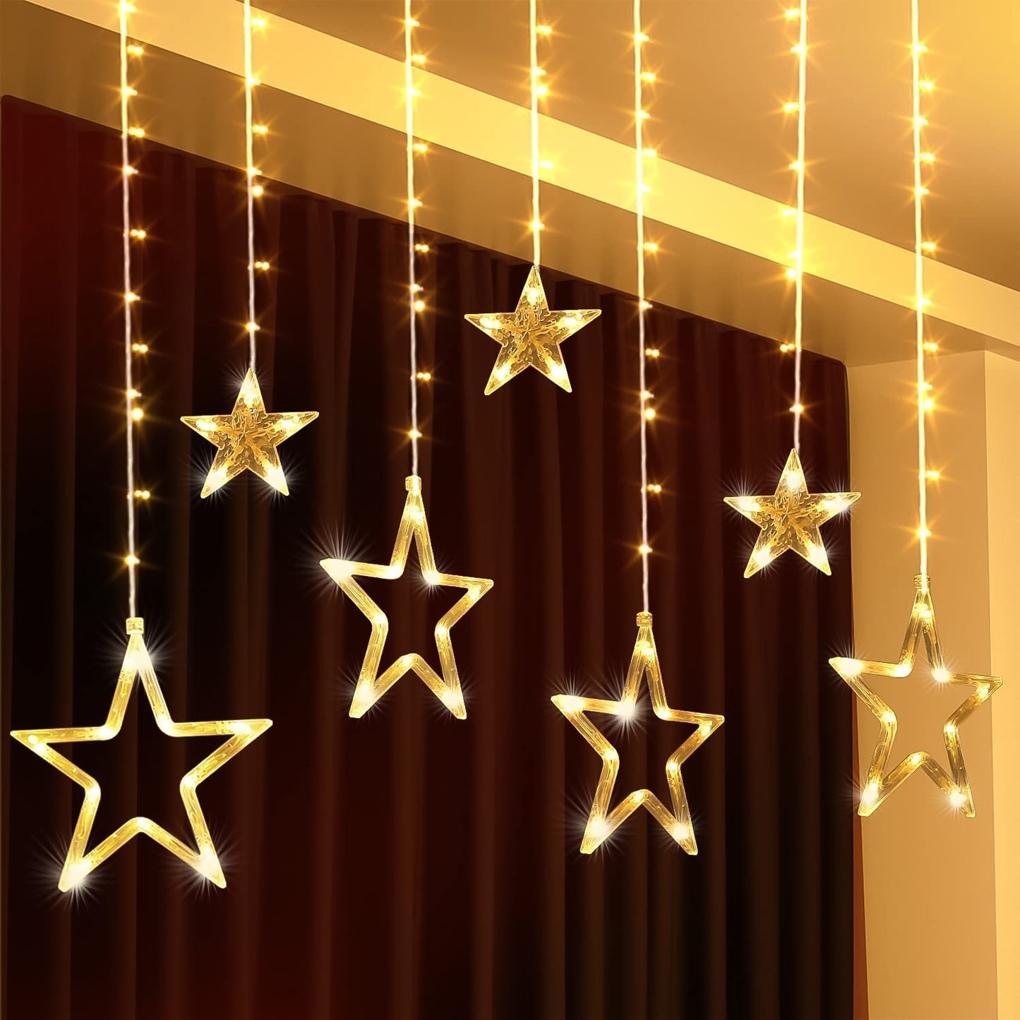 3385 12 Stars Led Curtain String Lights With 8 Flashing Modes For Home Decoration Diwali Wedding Led Christmas Light Indoor And Outdoor Light Festival Decoration (Warm White)