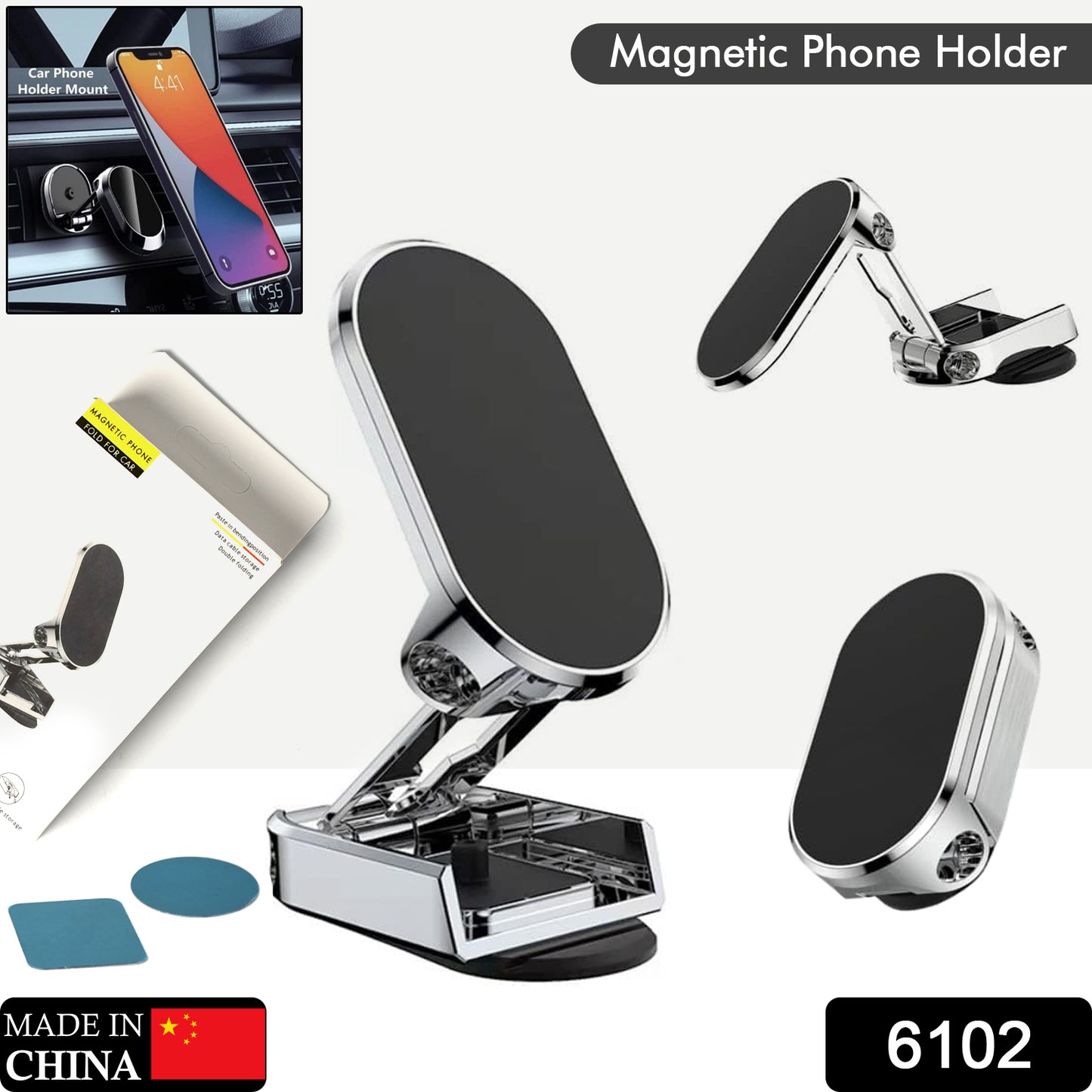 6102 360 Degree Rotating Magnetic Car Phone Holder Metal Folding Car Phone Holder New Alloy Folding Magnetic Car Phone Holder (Pack Of 1)
