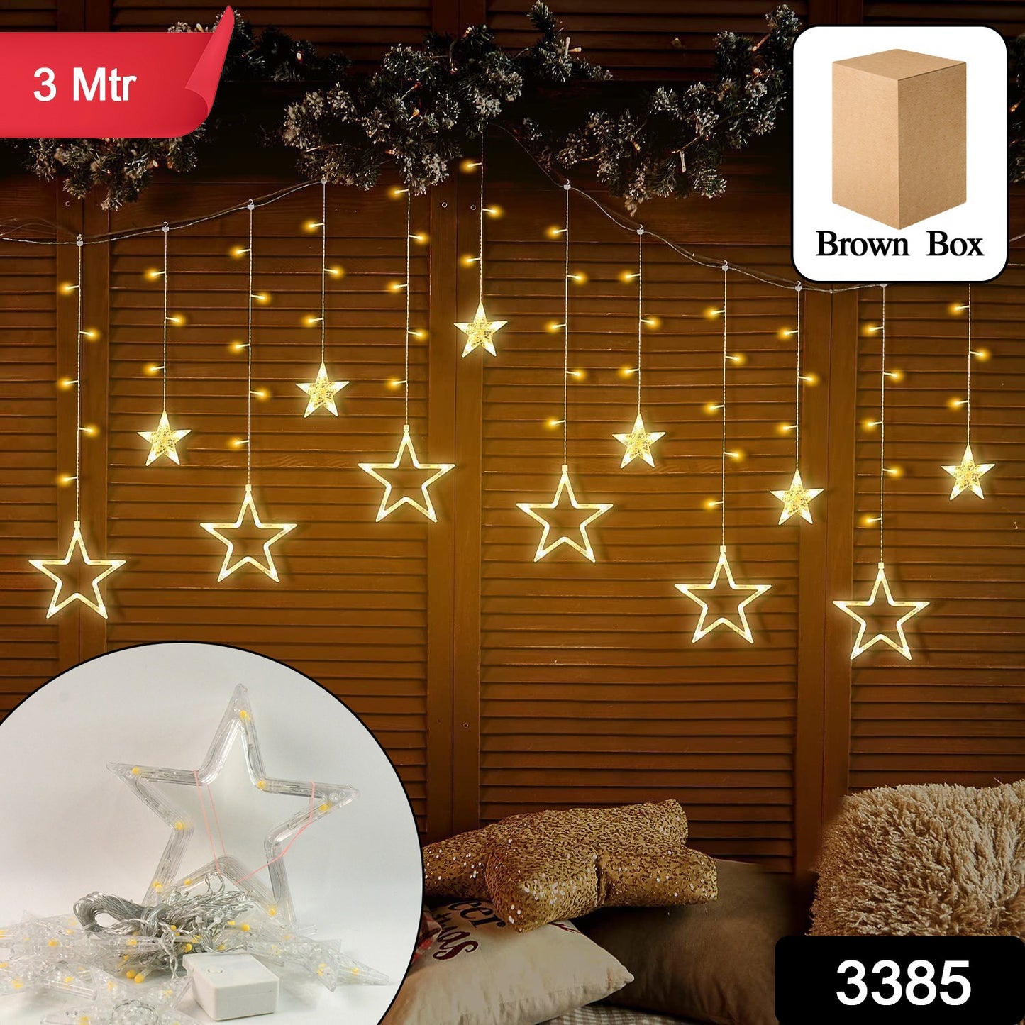 3385 12 Stars Led Curtain String Lights With 8 Flashing Modes For Home Decoration Diwali Wedding Led Christmas Light Indoor And Outdoor Light Festival Decoration (Warm White)