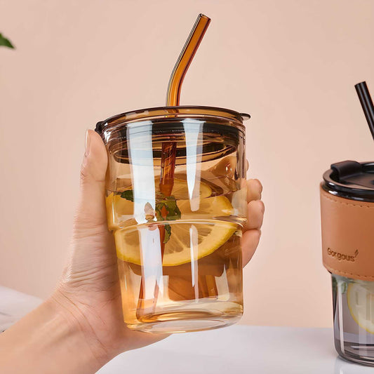 Glass water bottle with straw