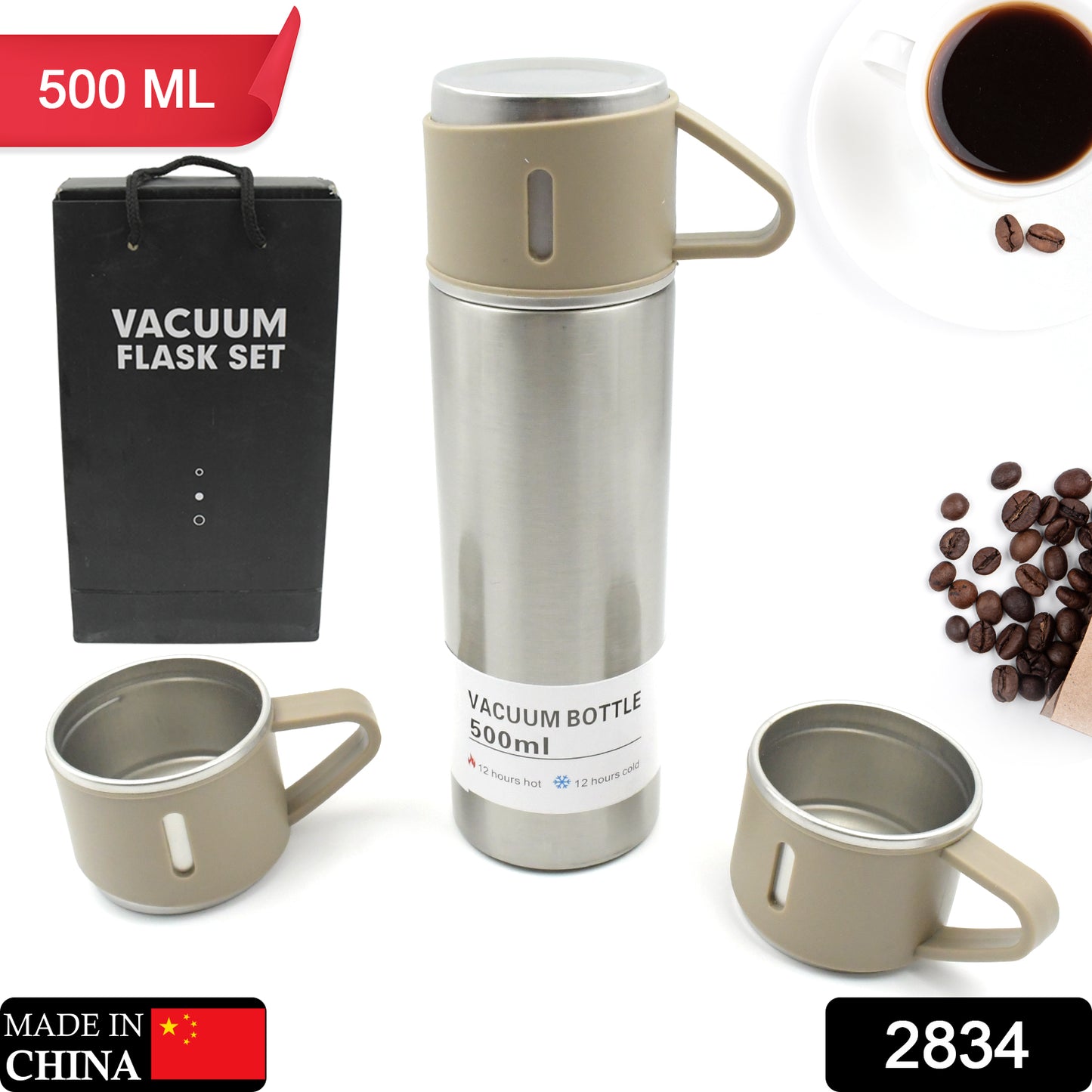 Stainless Steel Vacuum Flask Set With 3 Steel Cups