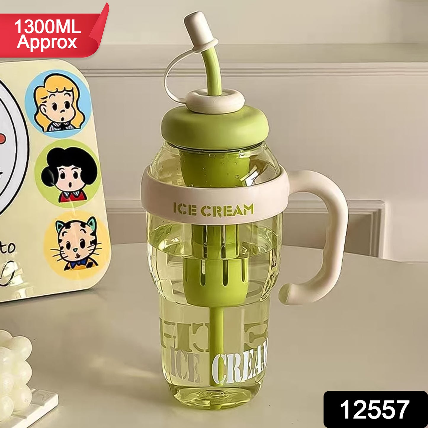 Large Capacity Cute Ice Cream Themed Water Bottle With Straw