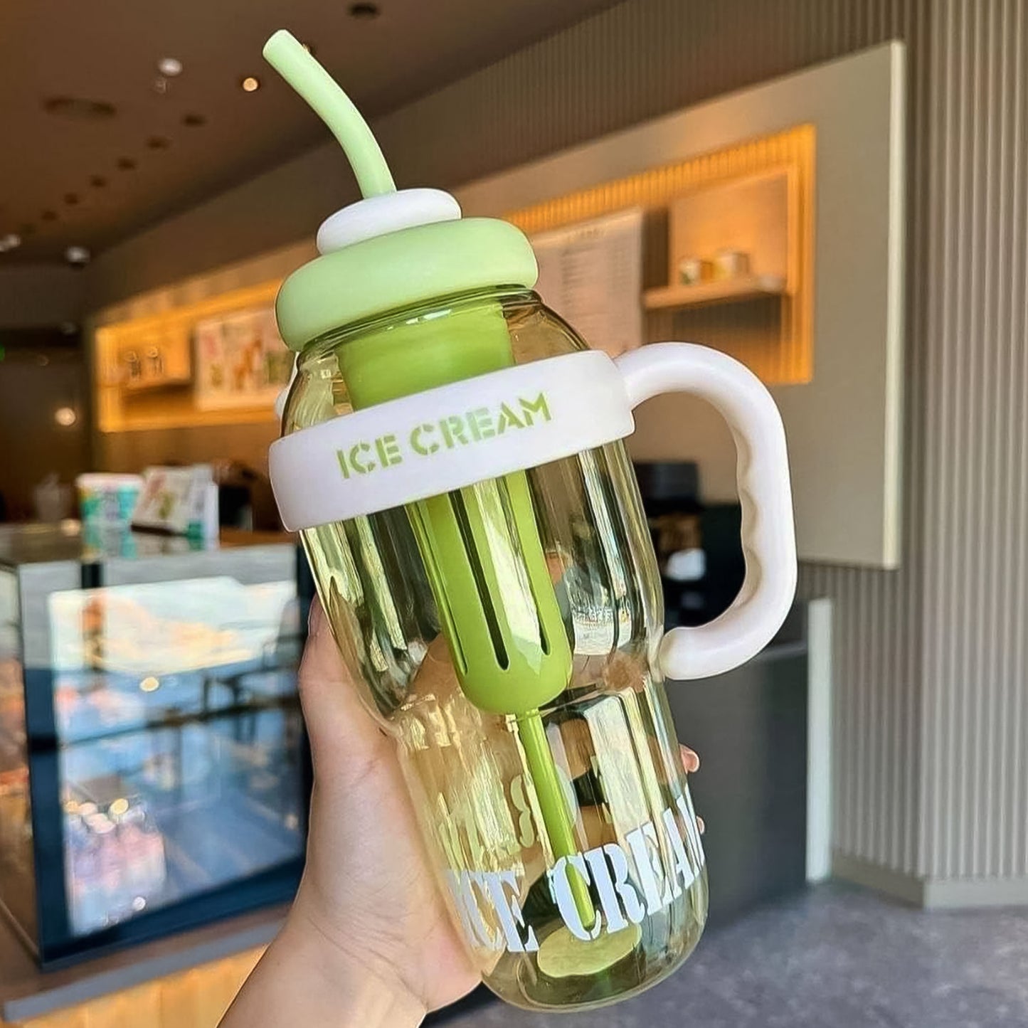 Large Capacity Cute Ice Cream Themed Water Bottle With Straw